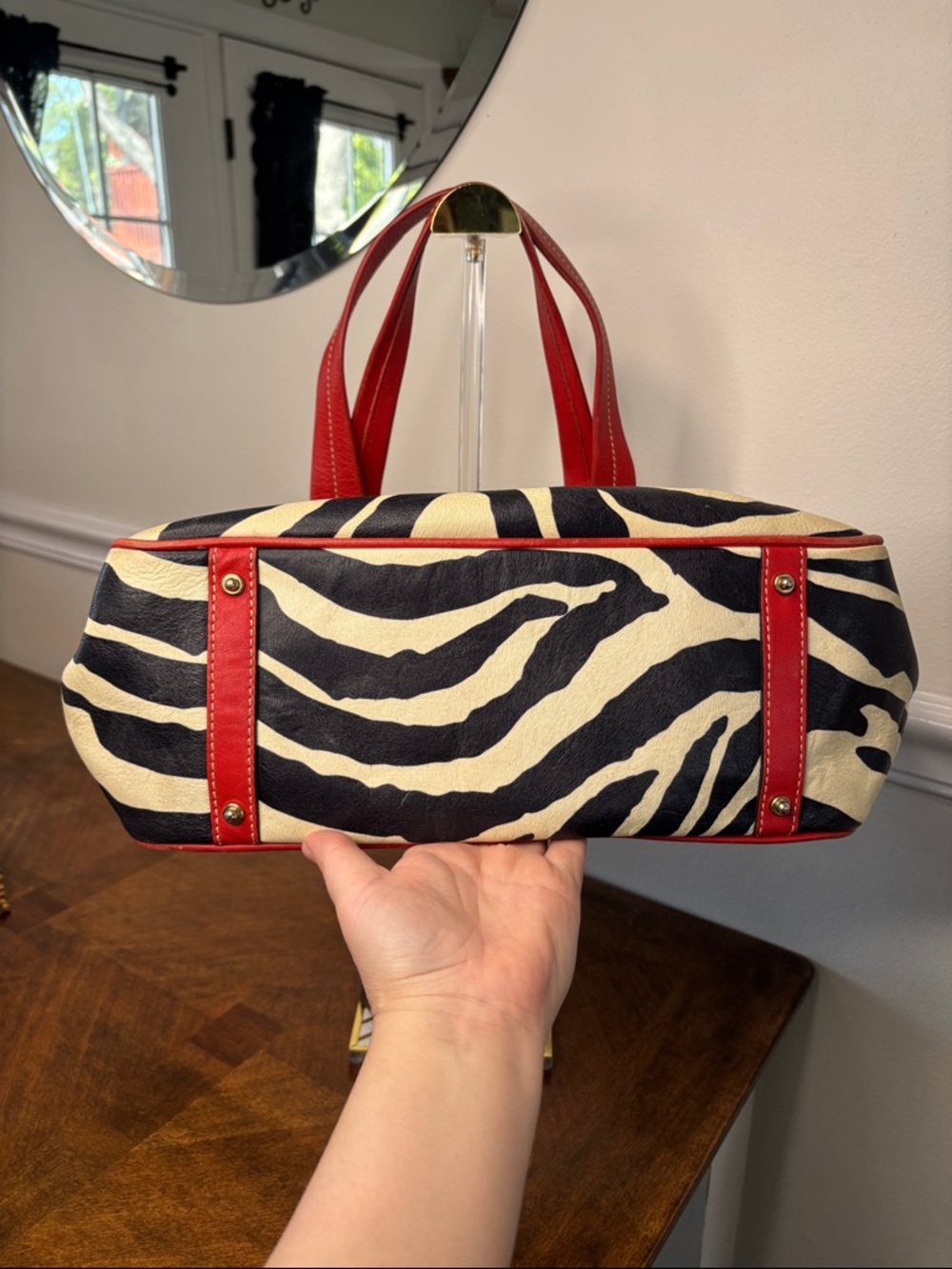 Dooney & Bourke Red Leather Trim Zebra-Print Tote Bag - Picture 11 of 16